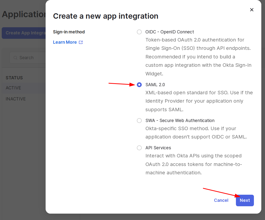 Choose SAML then next